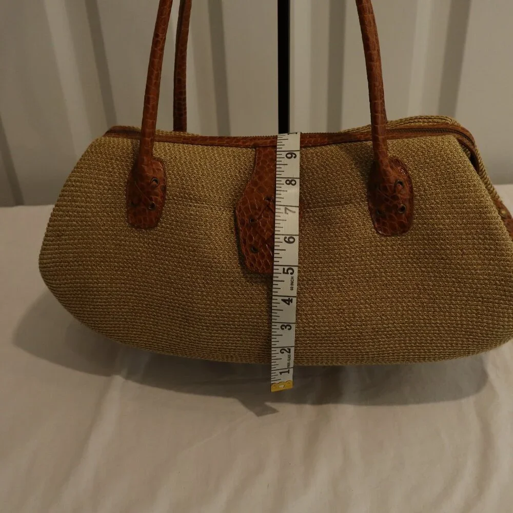 Eric Javits Women's Straw Rafia Shoulder Bag East West Design Croc Embossed Tan - Picture 8 of 13